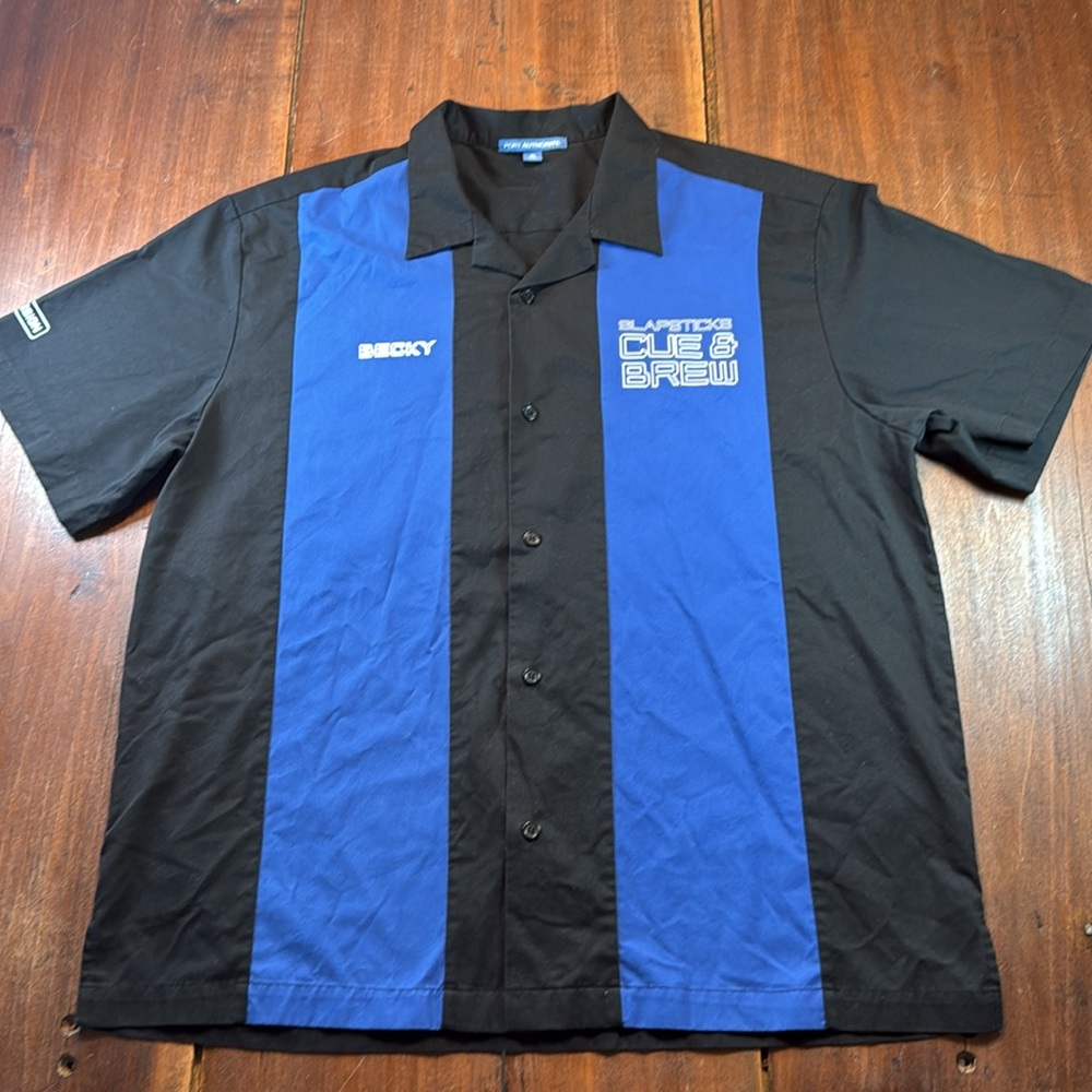 Port Authority Women's Bowling Shirt Size XL Blue Black Collar Logo Short Sleeve